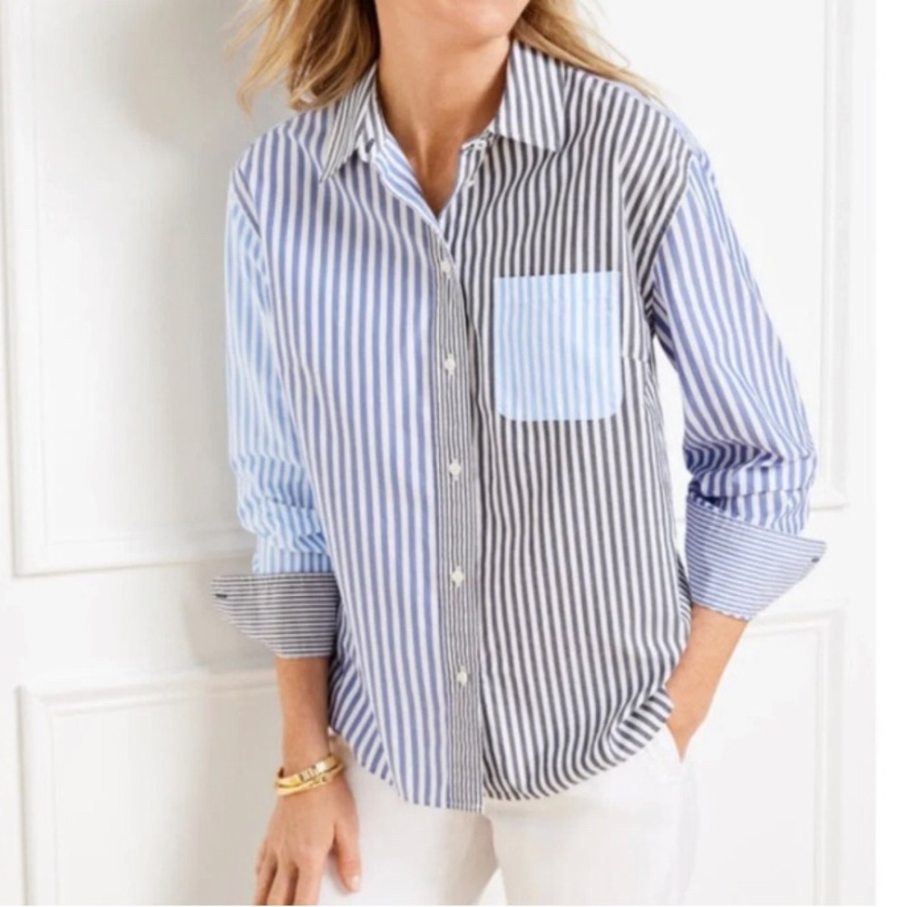Talbots Blue and White Mixed Stripe Button-Down Shirt